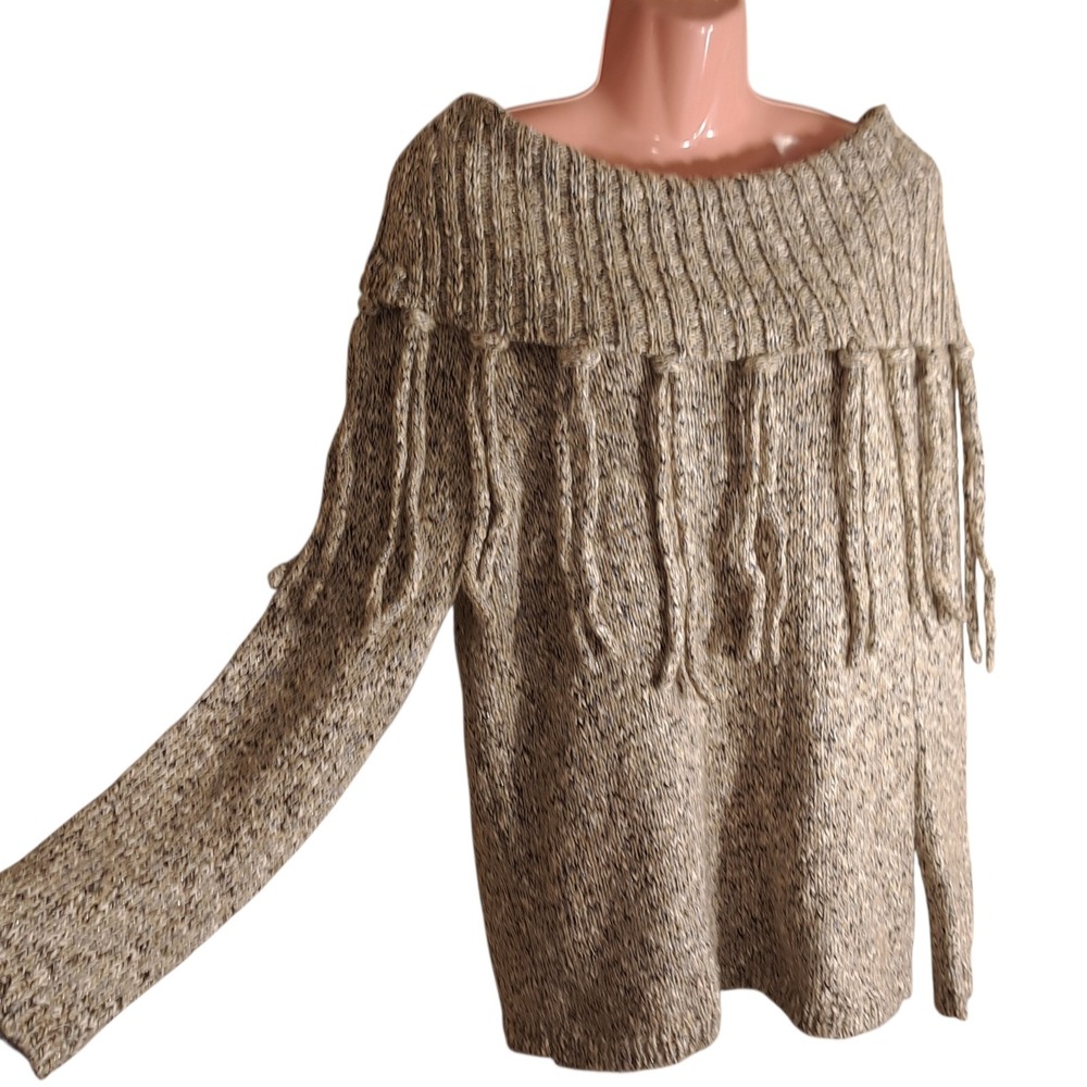 Chico's Women's Beige Fringe Sweater Size 1 Pullover Long Sleeve Winter Cozy